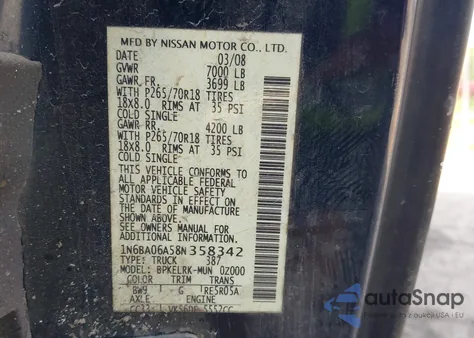 2008 Nissan Titan Xe из США, поврежденный, VIN 1N6BA06A58N358342